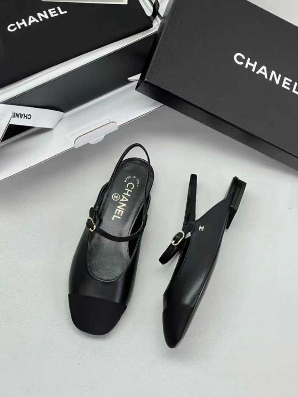 Chanel Square‑Toe Mary Jane Slingback Flats